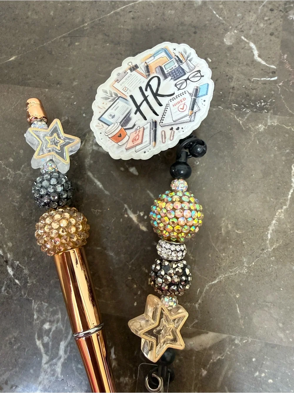 Gold Metallic Bling HR Human Resources Beaded Pen Matching Badge Reel Handmade